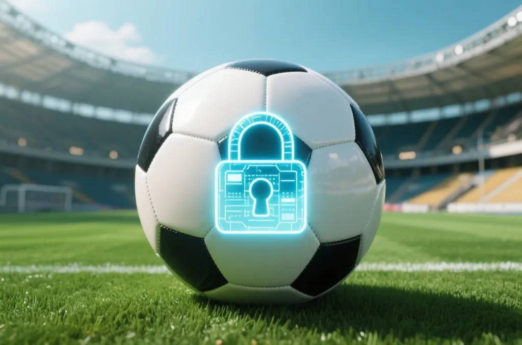 A secure digital padlock icon overlaying a soccer ball on a modern green stadium pitch